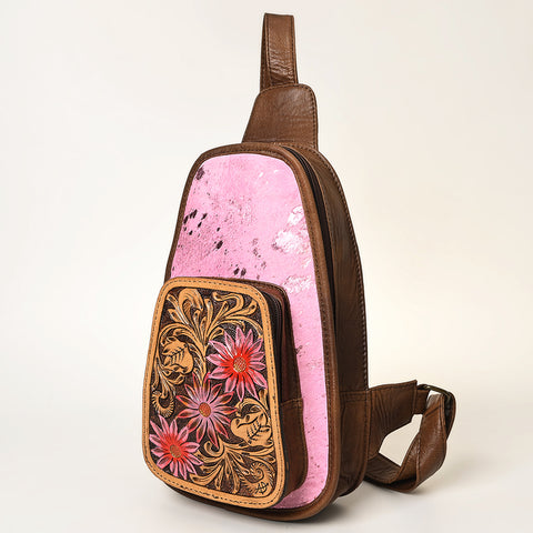 American Darling Pink Cowhide Sling Bag -Tooled Leather Backpack