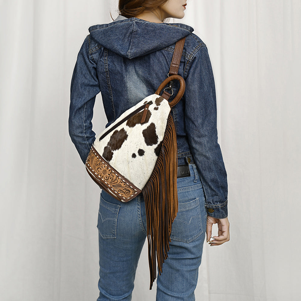 ADBG1401 Cowhide Leather Western Sling Bag Hair on with Hand-Tooled Pocket - Eleanor Edition by American Darling