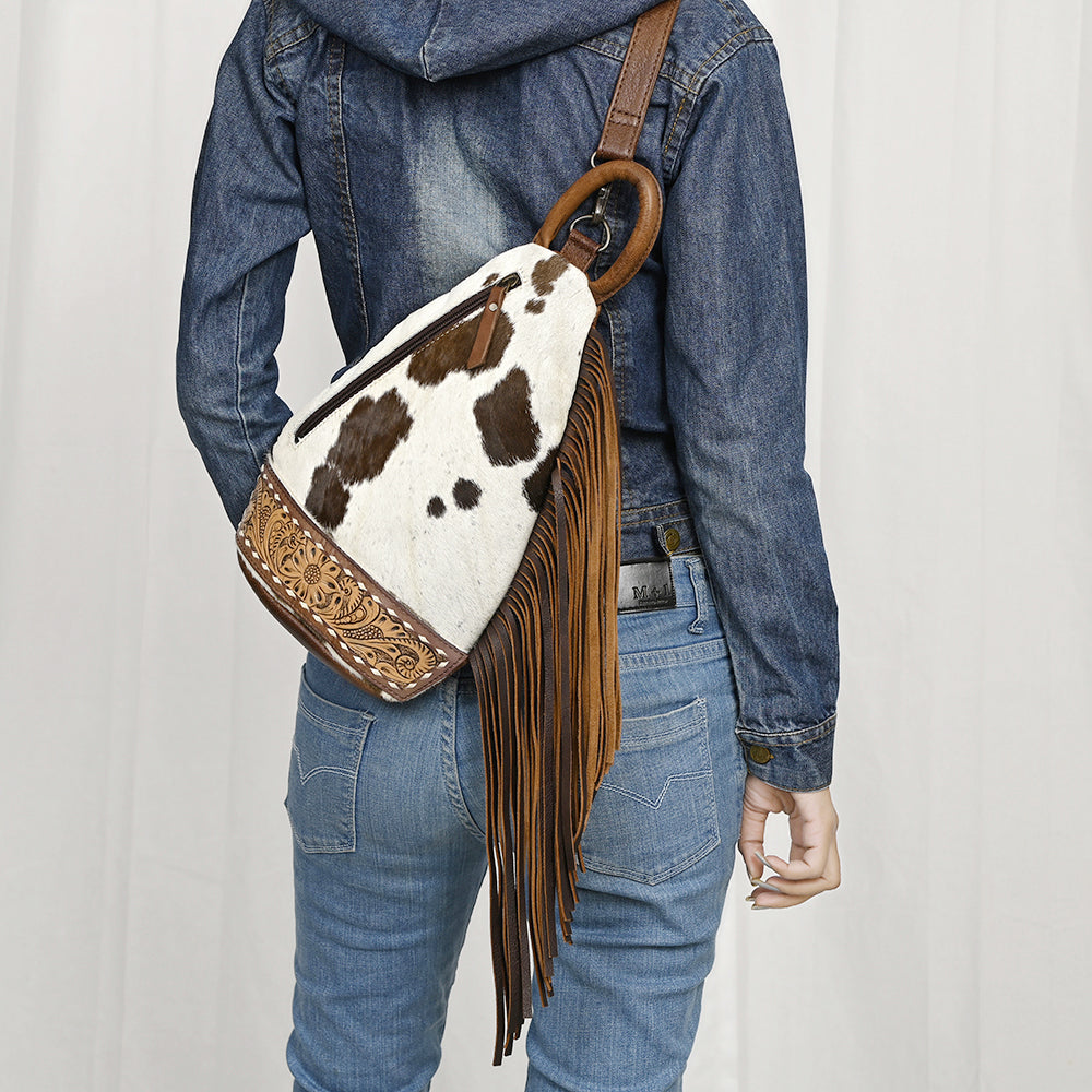 ADBG1401 Cowhide Leather Western Sling Bag Hair on with Hand-Tooled Pocket - Eleanor Edition by American Darling