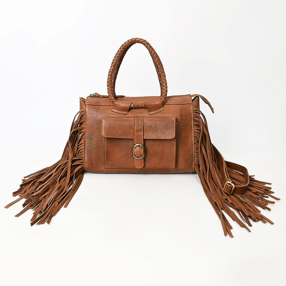 ADBGM370 Tan Leather Fringe Handbag with Braided Handles & Front Buckle Pocket - Western Satchel Purse