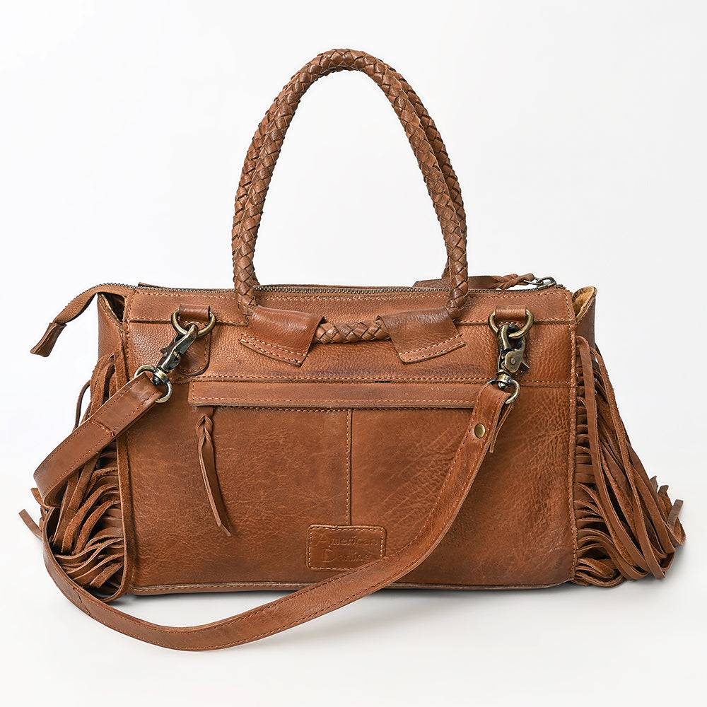 ADBGM370 Tan Leather Fringe Handbag with Braided Handles & Front Buckle Pocket - Western Satchel Purse