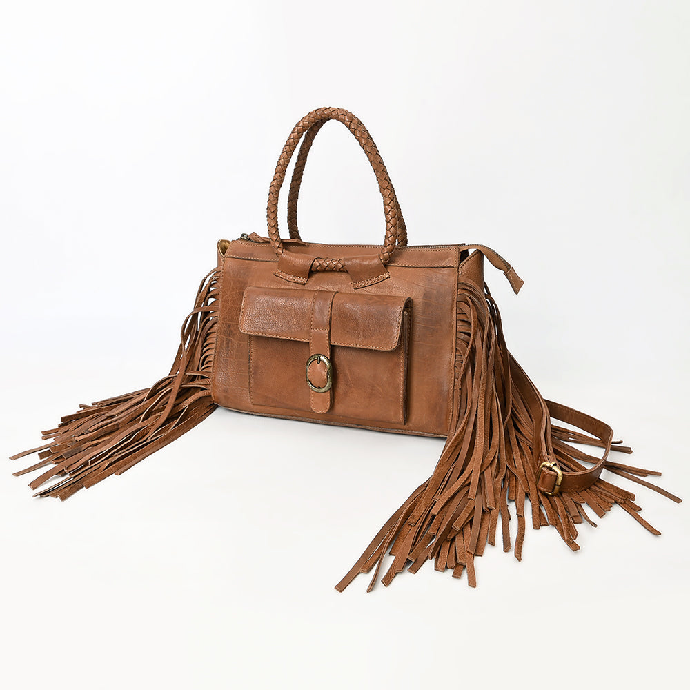ADBGM370 Tan Leather Fringe Handbag with Braided Handles & Front Buckle Pocket - Western Satchel Purse