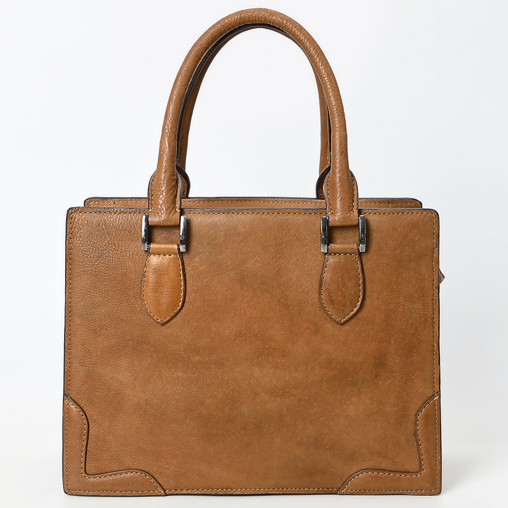 ADBGM371 Tan Structured Leather Tote Bag - Western Minimalist Handbag with Stitched Corner Accents