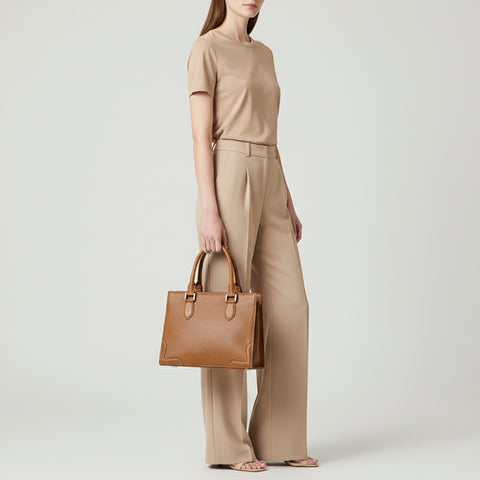 ADBGM371 Tan Structured Leather Tote Bag - Western Minimalist Handbag with Stitched Corner Accents