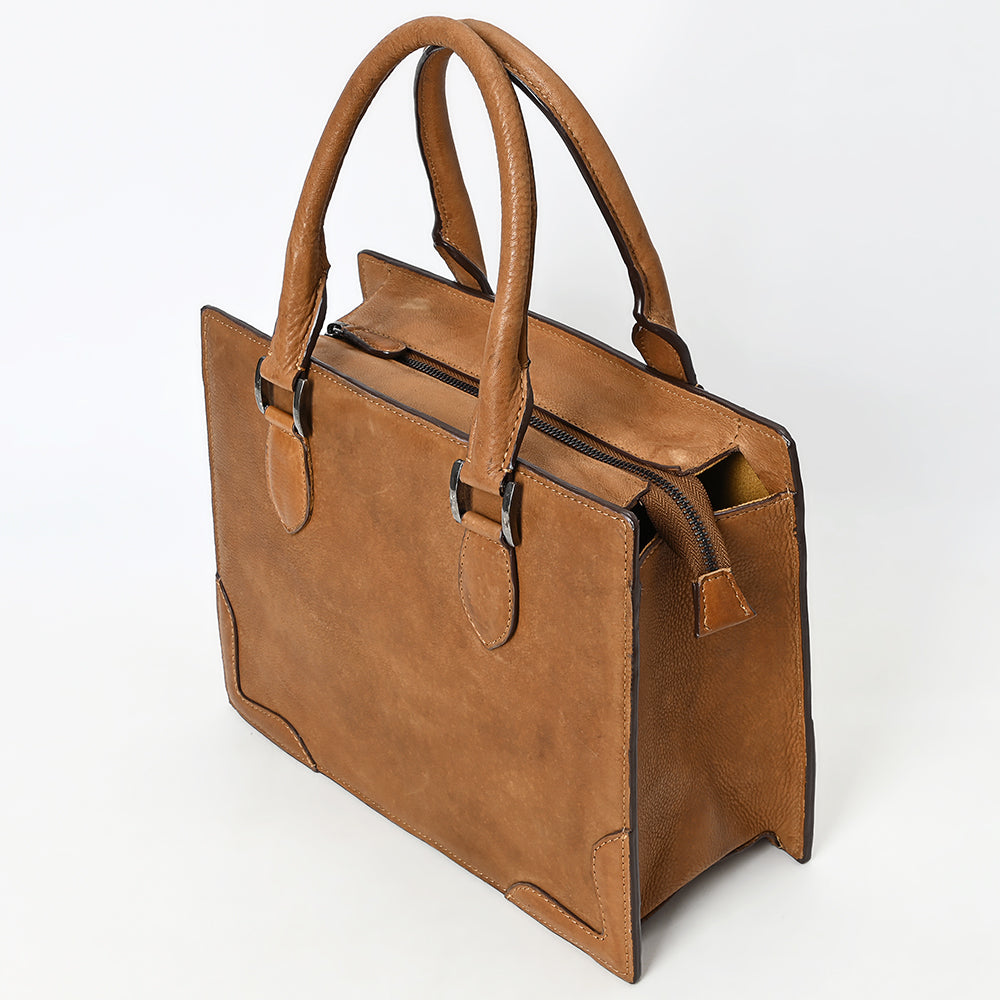 ADBGM371 Tan Structured Leather Tote Bag - Western Minimalist Handbag with Stitched Corner Accents
