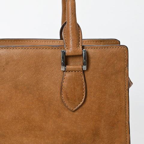 ADBGM371 Tan Structured Leather Tote Bag - Western Minimalist Handbag with Stitched Corner Accents