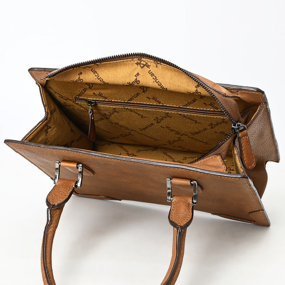 ADBGM371 Tan Structured Leather Tote Bag - Western Minimalist Handbag with Stitched Corner Accents