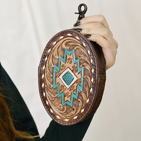 American Darling Western Genuine Leather Hand-Tooled Wristlet Bag with Buckstitch Detailing