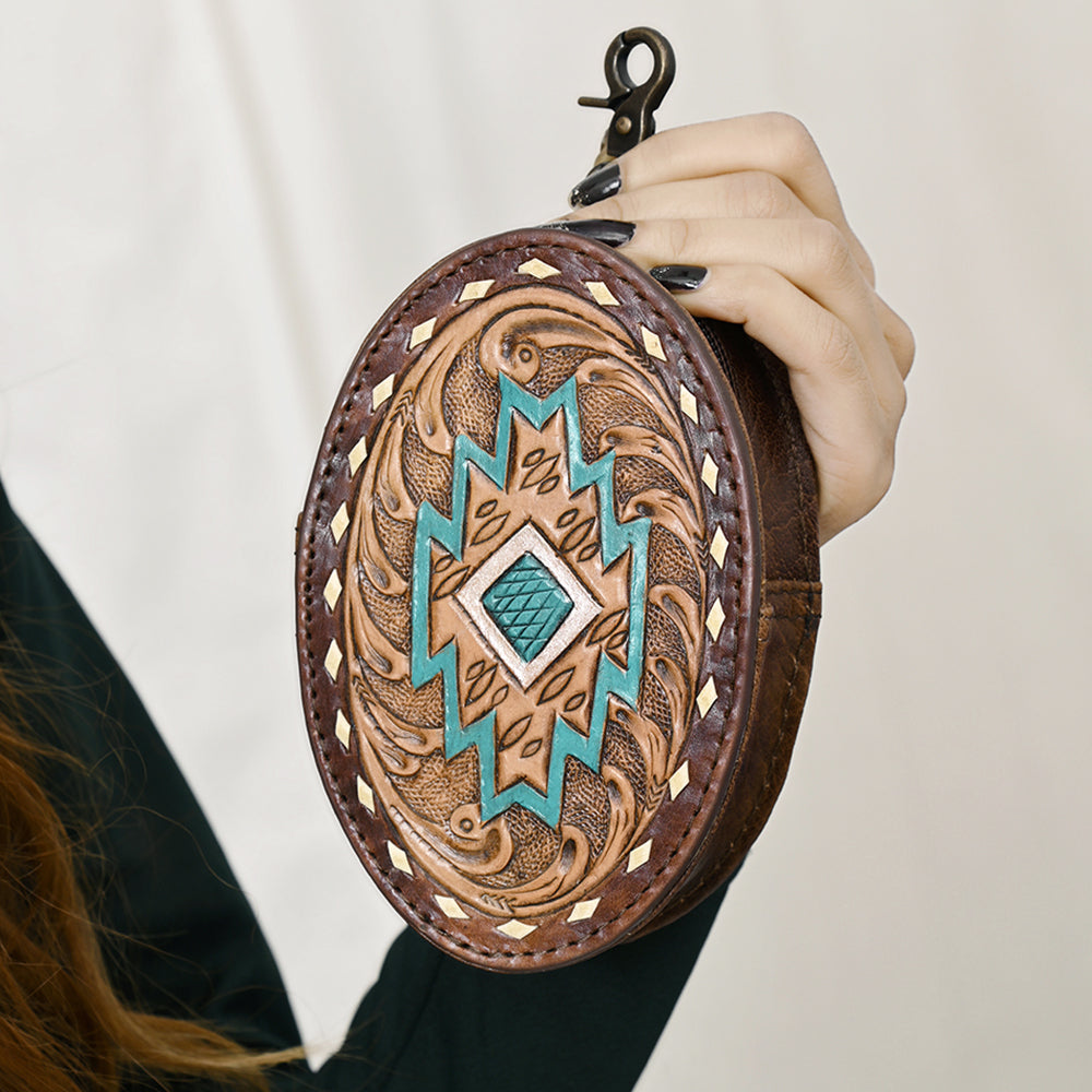 ADBG1411 Round Hand-Tooled Leather Coin Pouch - Western Aztec Design