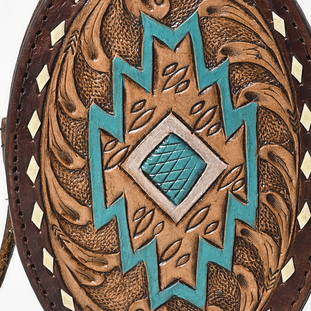ADBG1411 Round Hand-Tooled Leather Coin Pouch - Western Aztec Design