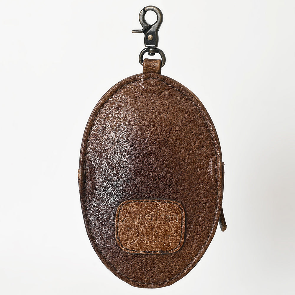 ADBG1411 Round Hand-Tooled Leather Coin Pouch - Western Aztec Design
