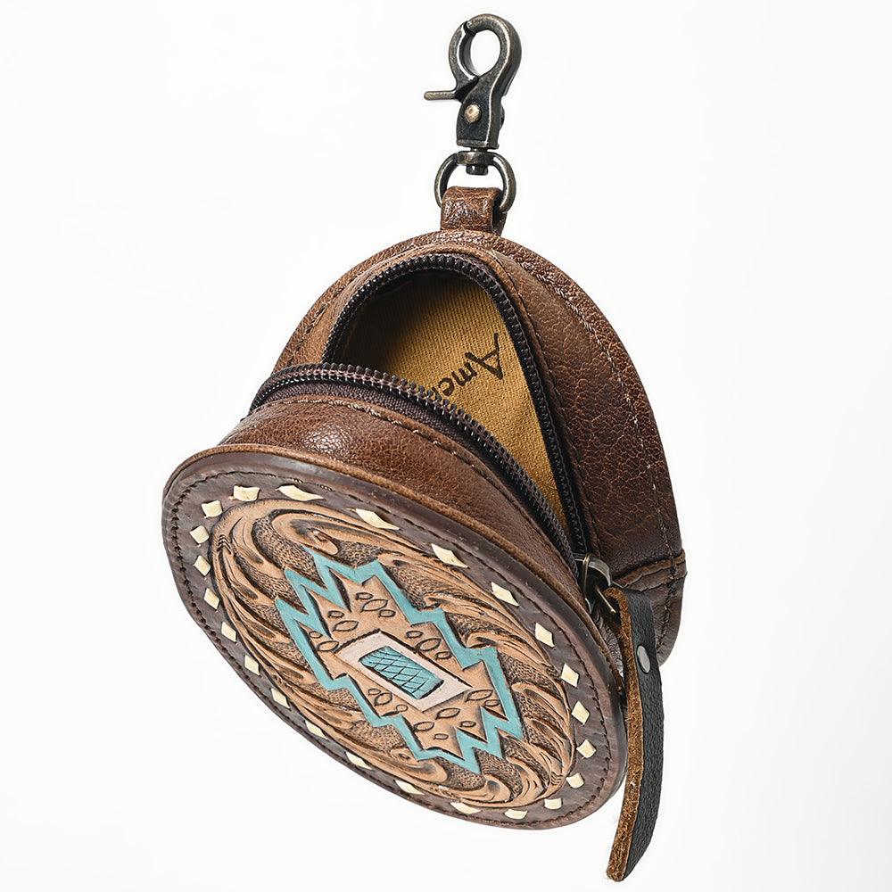 ADBG1411 Round Hand-Tooled Leather Coin Pouch - Western Aztec Design
