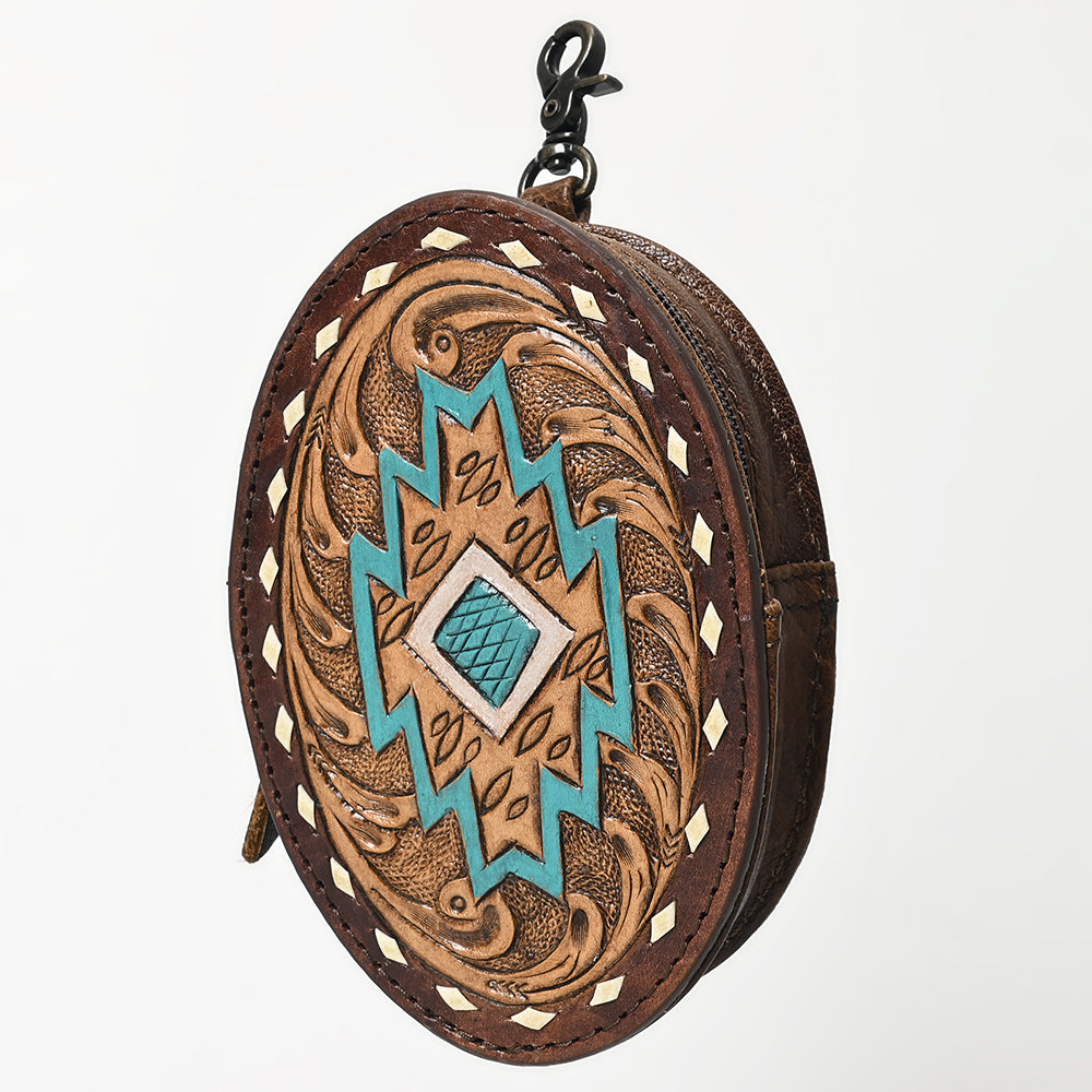 ADBG1411 Round Hand-Tooled Leather Coin Pouch - Western Aztec Design
