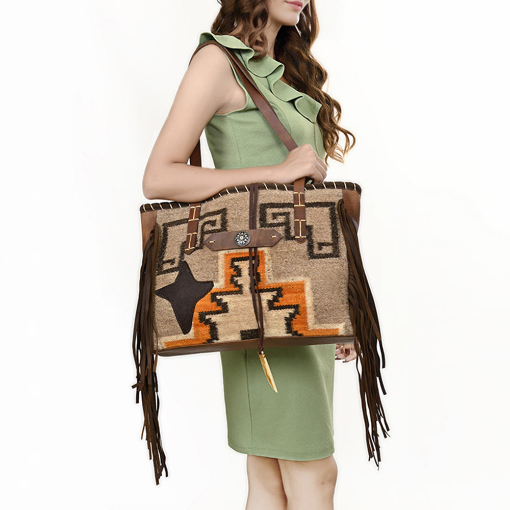 American Darling Hand-Woven Saddle Blanket Western Tote Bag - Genuine Leather Fringe Purse