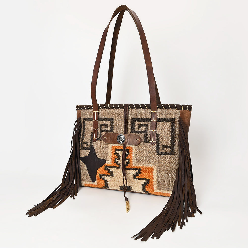 American Darling Hand-Woven Saddle Blanket Western Tote Bag - Genuine Leather Fringe Purse