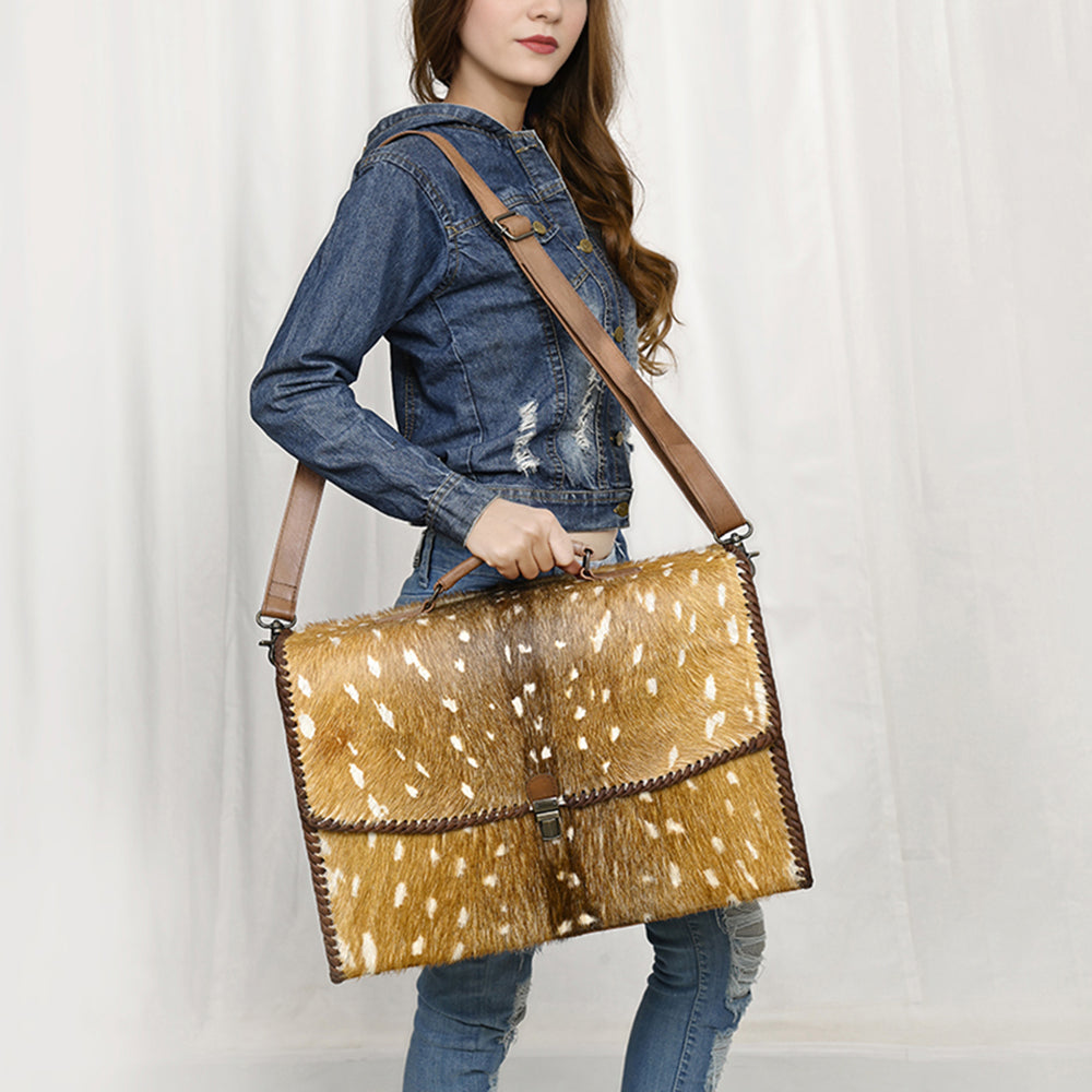 ADBG1420 Spotted Deer Hair-On Leather Briefcase - Western Executive Bag