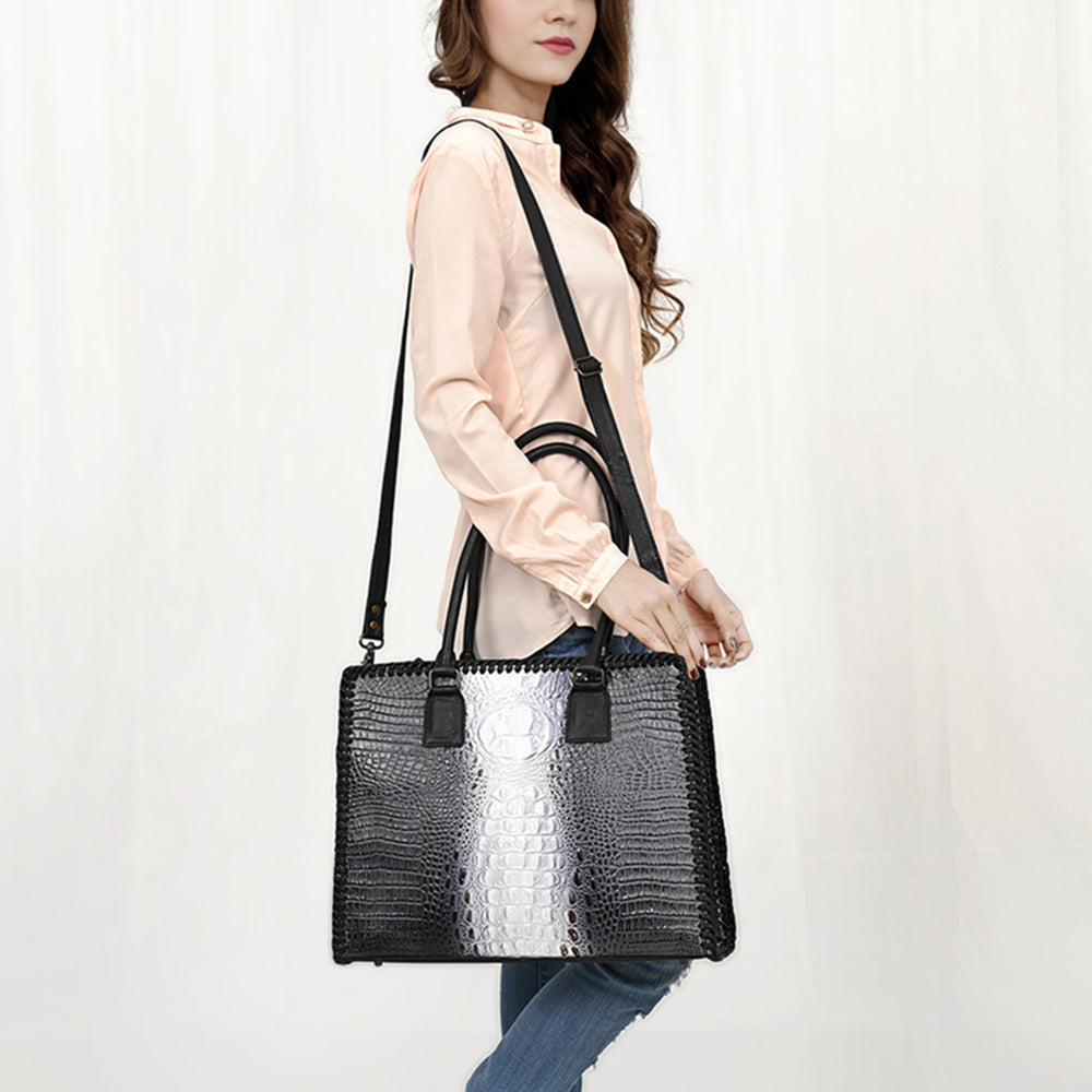 ADBG1422 Crocodile Embossed Black & White Leather Tote - Elegant Western Office Bag