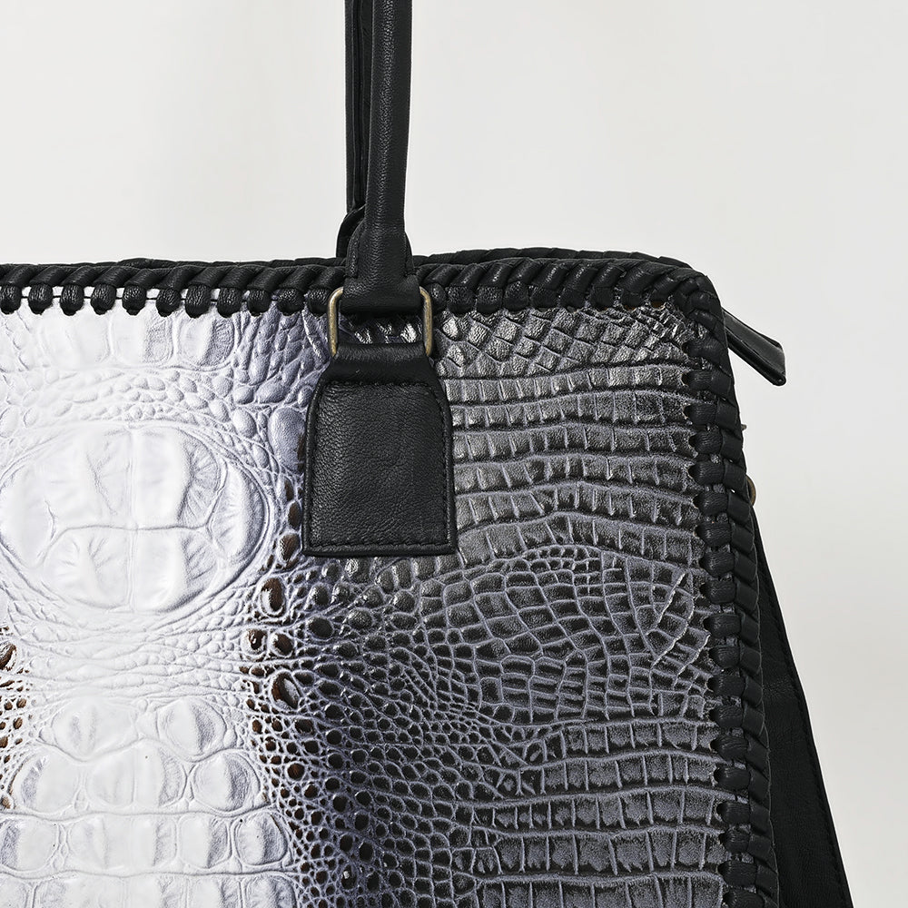 ADBG1422 Crocodile Embossed Black & White Leather Tote - Elegant Western Office Bag