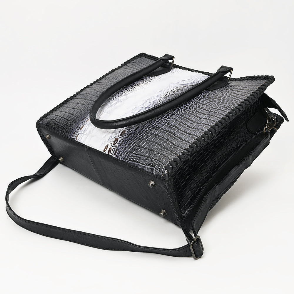 ADBG1422 Crocodile Embossed Black & White Leather Tote - Elegant Western Office Bag
