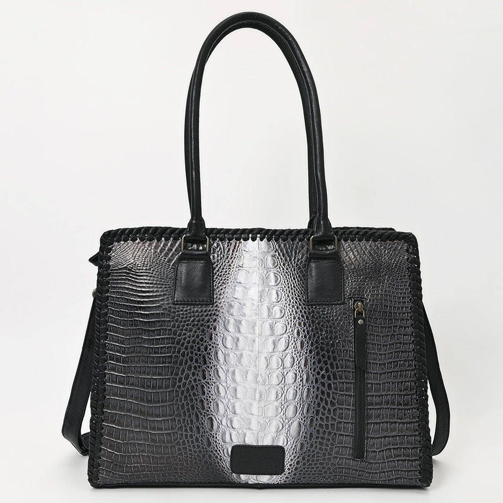 ADBG1422 Crocodile Embossed Black & White Leather Tote - Elegant Western Office Bag