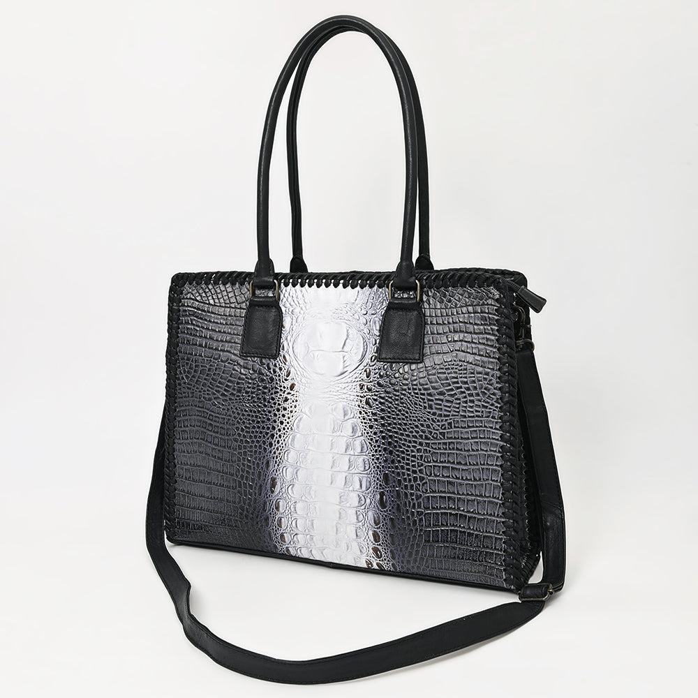 ADBG1422 Crocodile Embossed Black & White Leather Tote - Elegant Western Office Bag