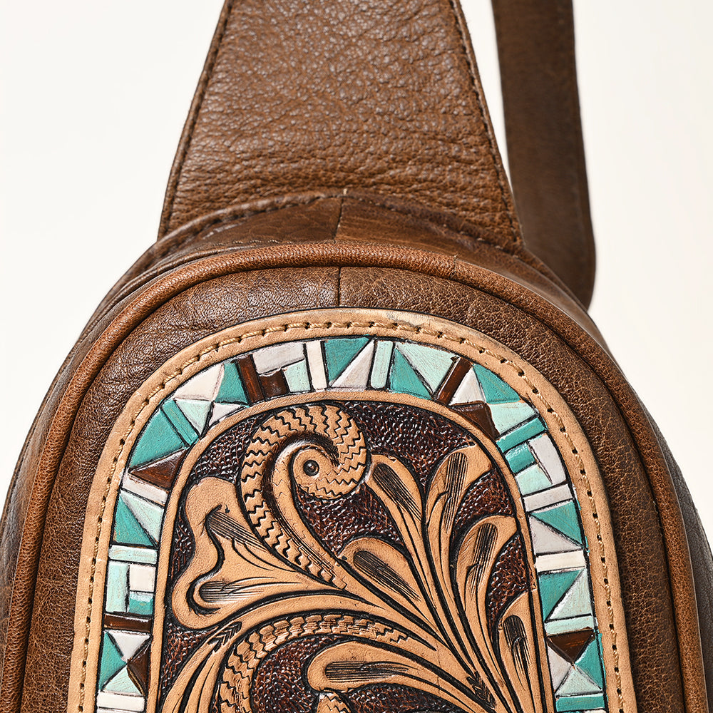 ADBG1425 Hand tooled Leather Sling Bag - Floral Western Design