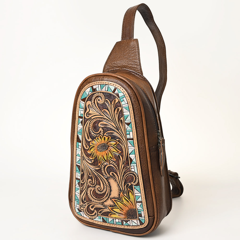 ADBG1425 Hand tooled Leather Sling Bag - Floral Western Design
