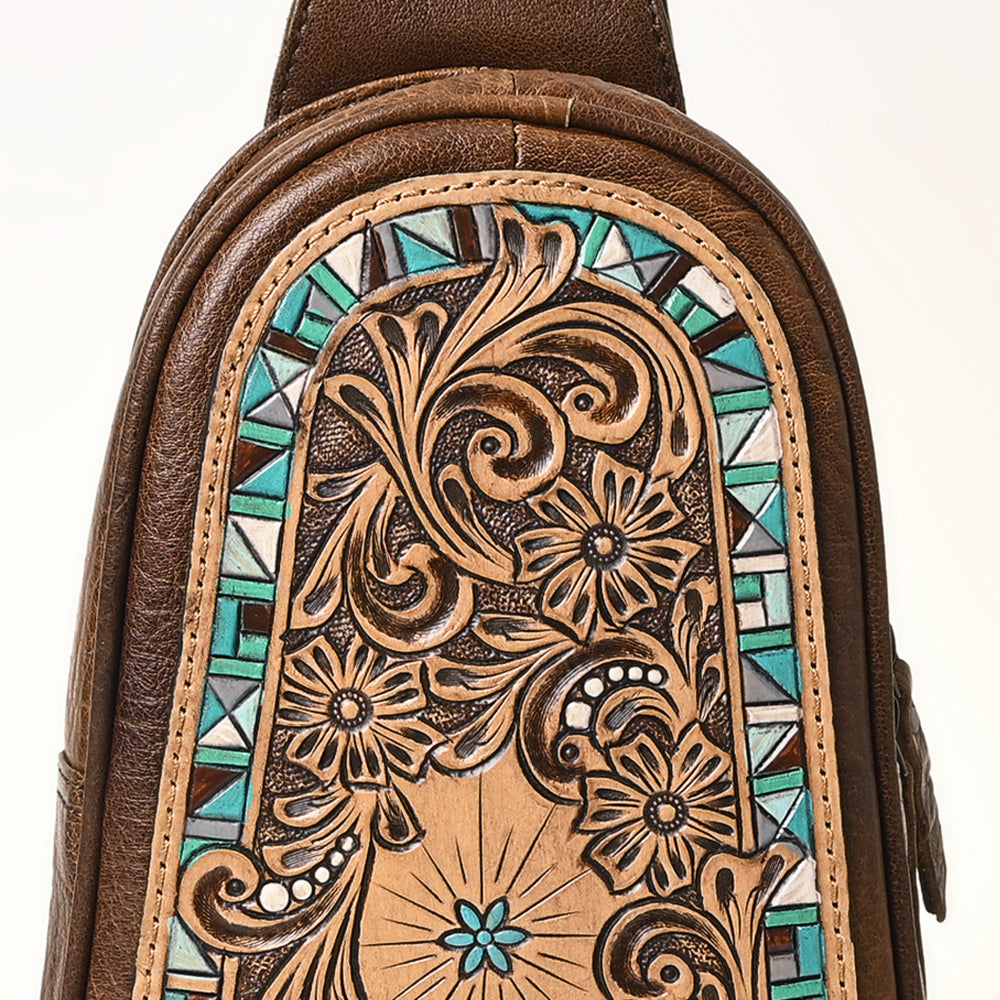 ADBG1425 Hand tooled Leather Sling Bag - Floral Western Design