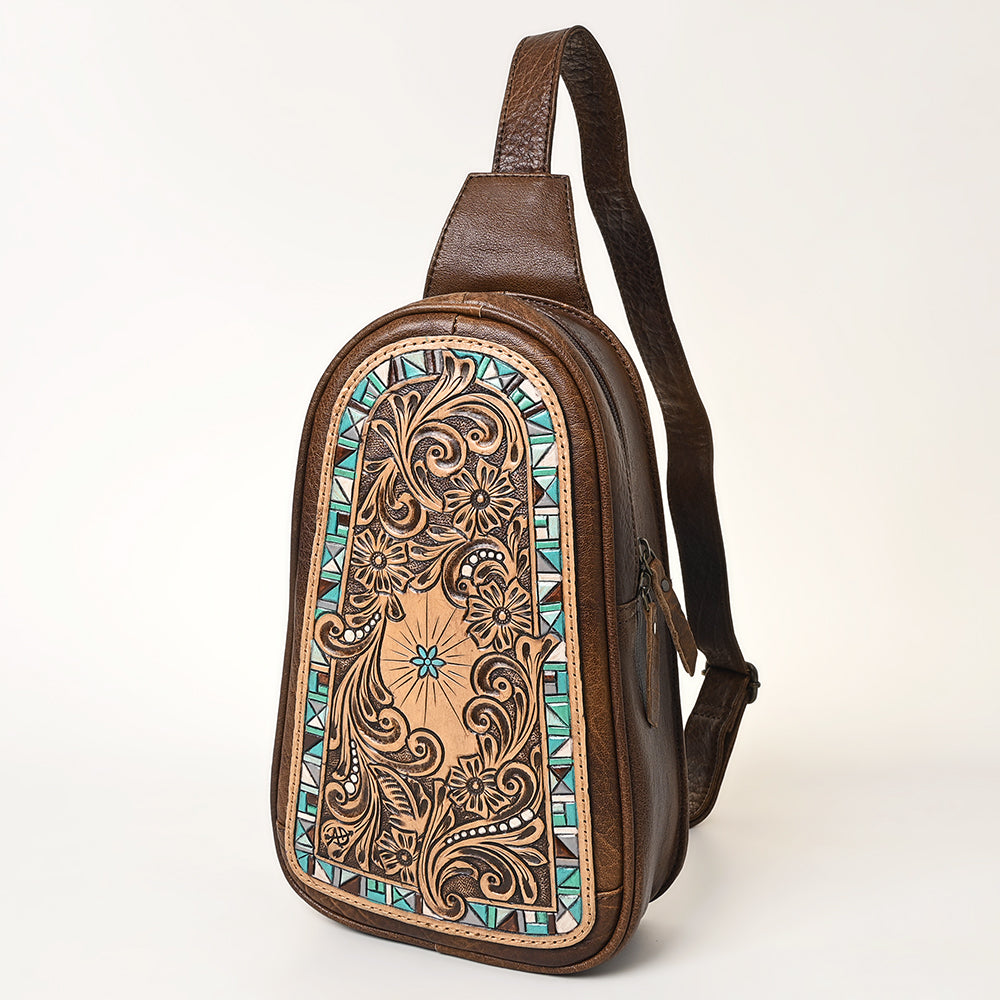 ADBG1425 Hand tooled Leather Sling Bag - Floral Western Design