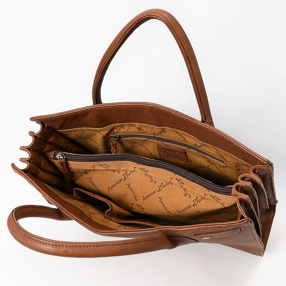 ADBGM383 Structured Brown Leather Tote Bag - Western Minimalist Handbag for Everyday or Office Use