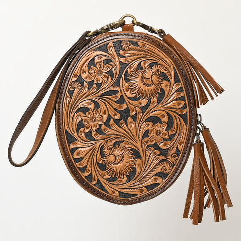 American Darling Western Leather Hand Tooled Floral Carved Wristlet Bag