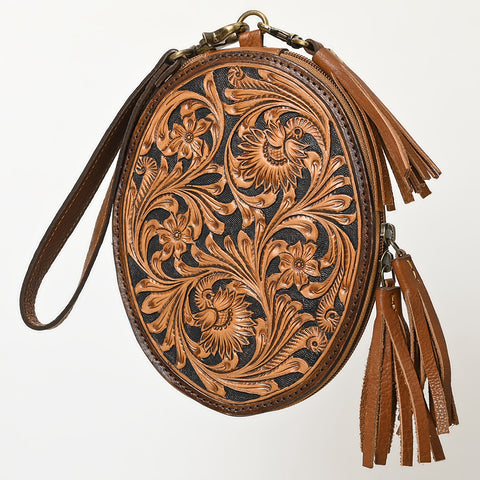 American Darling Western Leather Hand Tooled Floral Carved Wristlet Bag