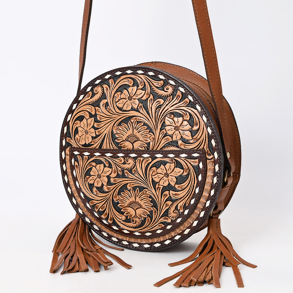 ADBGA517 American Darling Canteen Bag Hand Tooled Round Genuine Leather Crossbody with Tassels