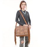 ADBGZ800 Hand-Tooled Leather Fringe Backpack Bag - Western Floral Crossbody in Saddle Tan