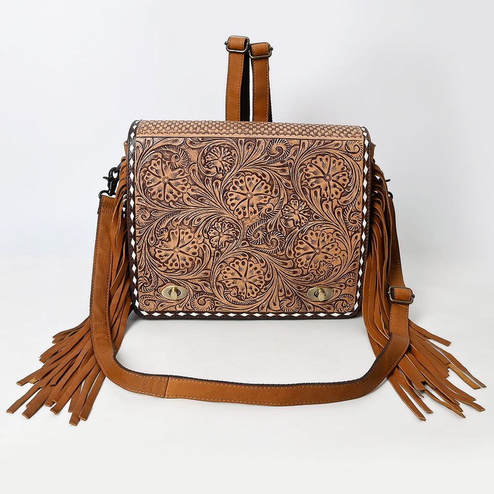 ADBGZ800 Hand-Tooled Leather Fringe Backpack Bag - Western Floral Crossbody in Saddle Tan