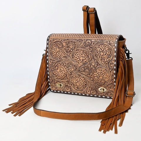 ADBGZ800 Hand-Tooled Leather Fringe Backpack Bag - Western Floral Crossbody in Saddle Tan