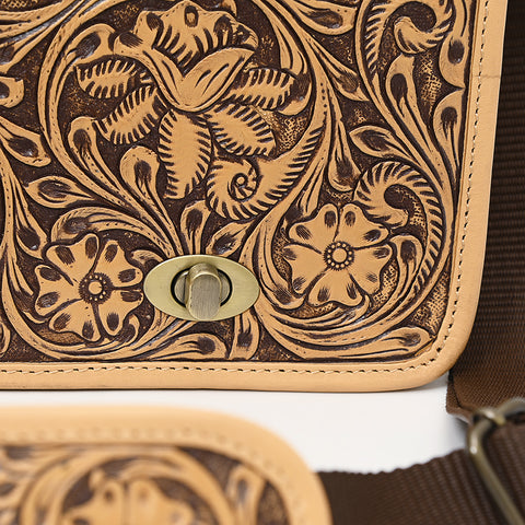 LC-ADBGZ802 Hand-Tooled Leather Messenger Bag - Western Floral Messenger with Padded Strap