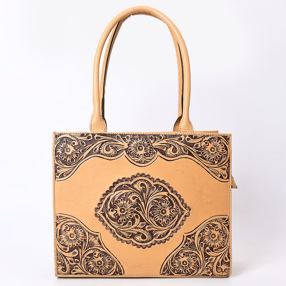 ADBGZ803 Hand-Tooled Leather Tote Bag - Western Medallion Floral Design in Natural Tan