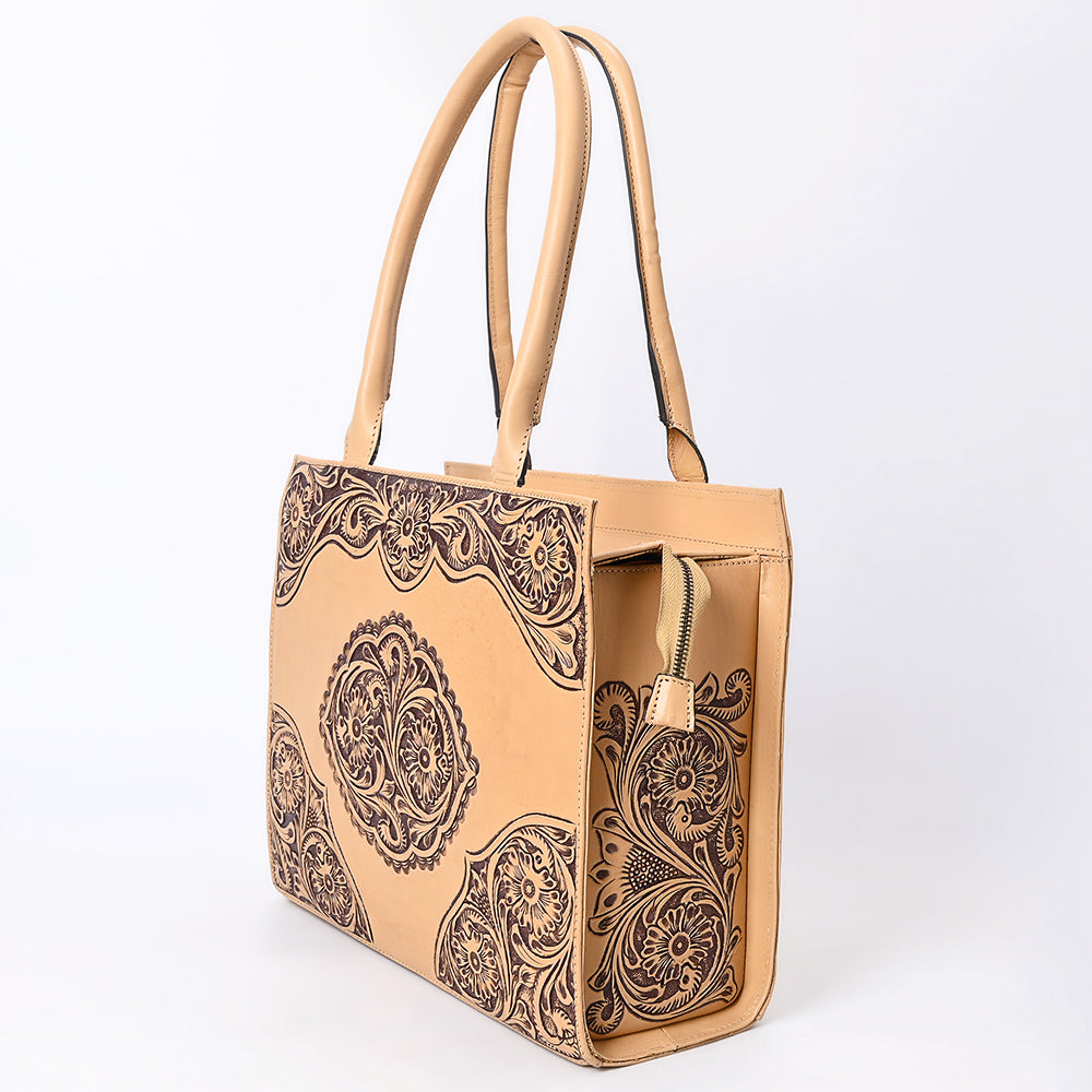 ADBGZ803 Hand-Tooled Leather Tote Bag - Western Medallion Floral Design in Natural Tan