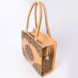 ADBGZ803 Hand-Tooled Leather Tote Bag - Western Medallion Floral Design in Natural Tan