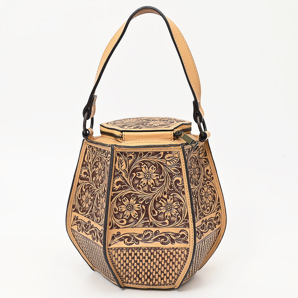 LC-ADBGZ804 Hexagon Hand-Tooled Leather Tote Bag - Western Floral Artisan Purse in Natural Tan