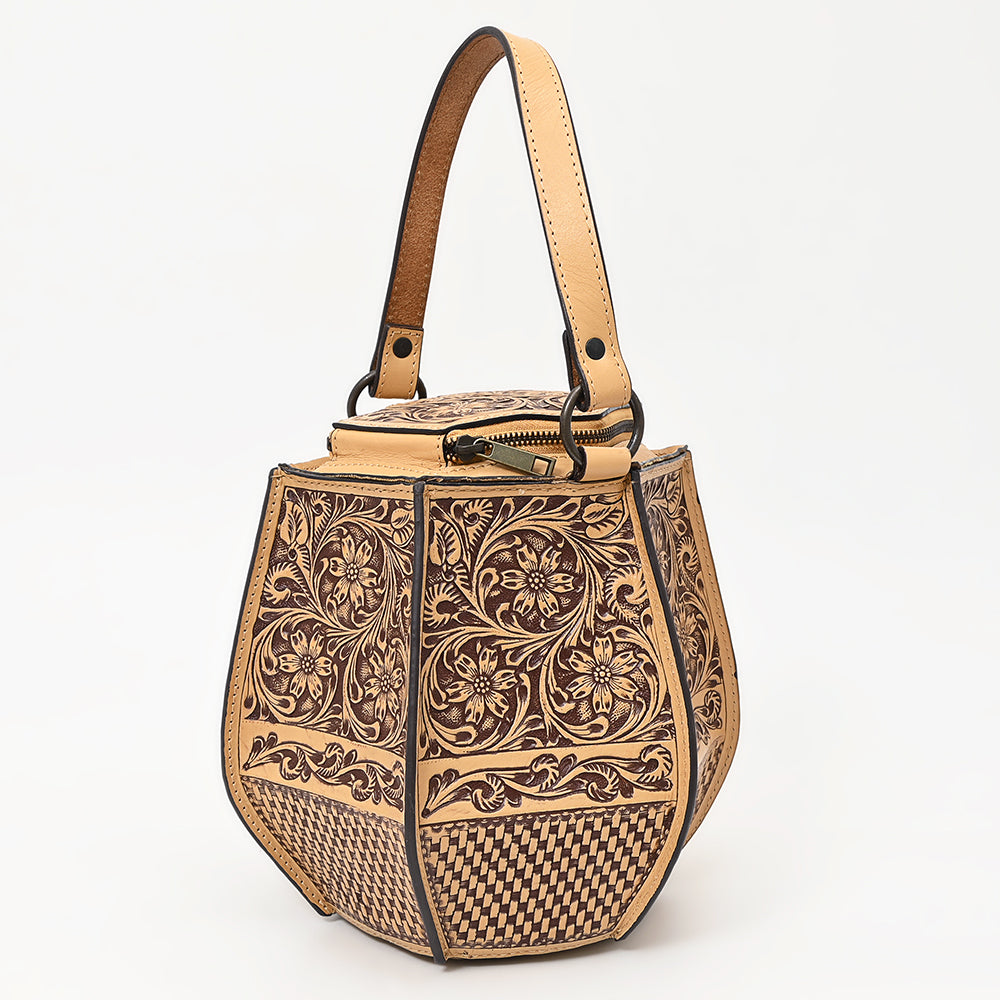 LC-ADBGZ804 Hexagon Hand-Tooled Leather Tote Bag - Western Floral Artisan Purse in Natural Tan