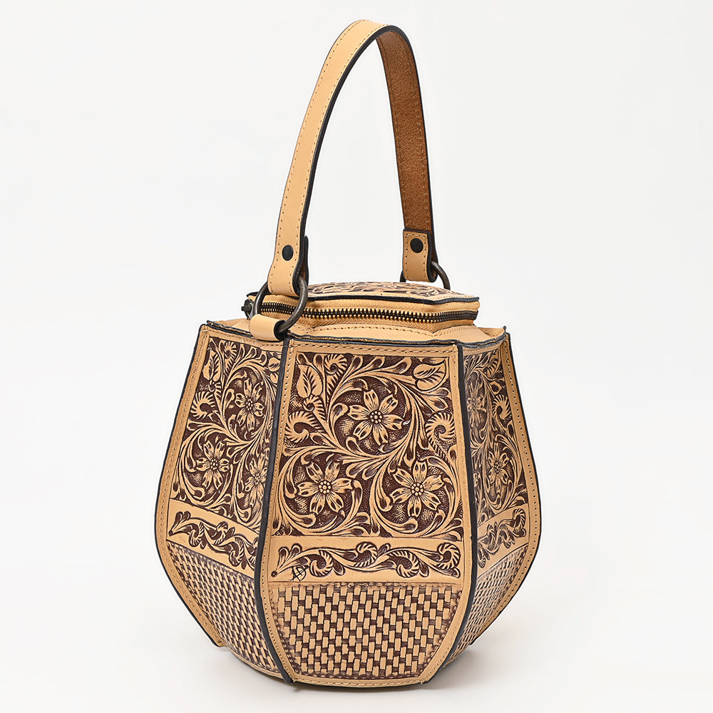 LC-ADBGZ804 Hexagon Hand-Tooled Leather Tote Bag - Western Floral Artisan Purse in Natural Tan