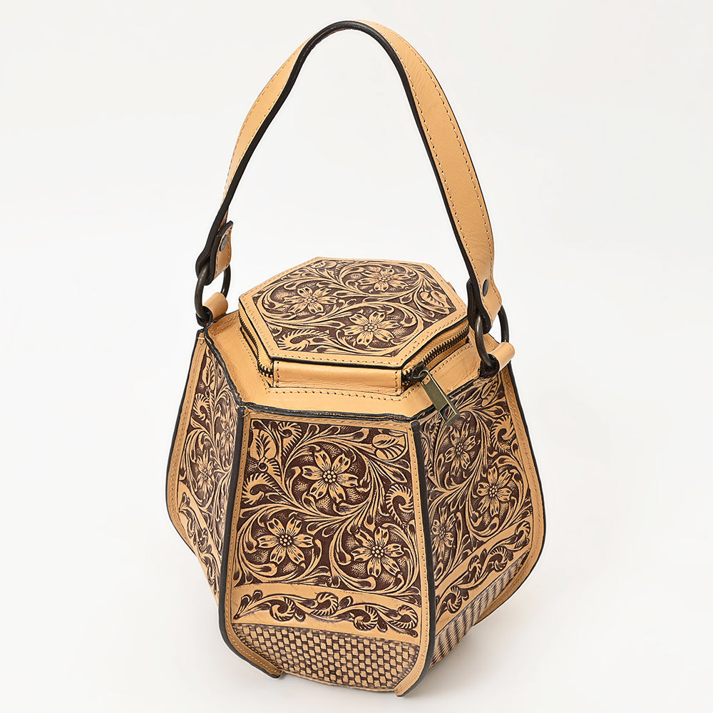 LC-ADBGZ804 Hexagon Hand-Tooled Leather Tote Bag - Western Floral Artisan Purse in Natural Tan
