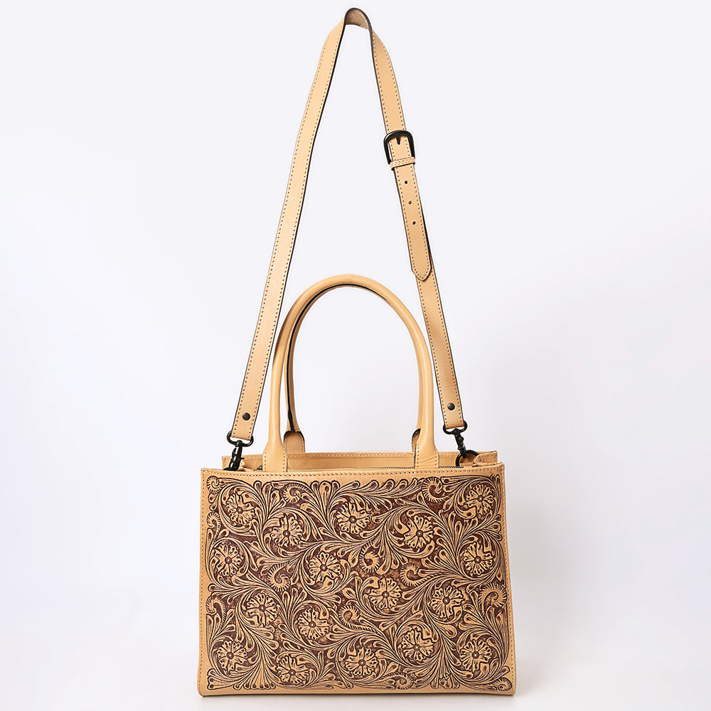 LC-ADBGZ805 Hand-Tooled Leather Satchel Tote - Western Floral Design with Crossbody Strap in Natural Tan
