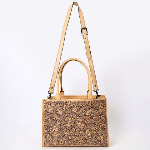 LC-ADBGZ805 Hand-Tooled Leather Satchel Tote - Western Floral Design with Crossbody Strap in Natural Tan