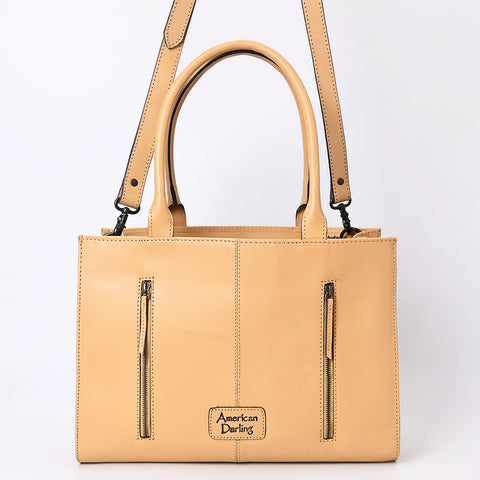 LC-ADBGZ805 Hand-Tooled Leather Satchel Tote - Western Floral Design with Crossbody Strap in Natural Tan