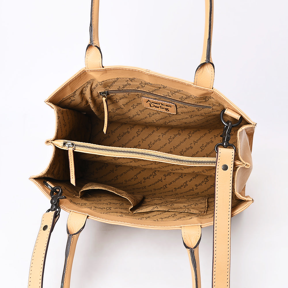 LC-ADBGZ805 Hand-Tooled Leather Satchel Tote - Western Floral Design with Crossbody Strap in Natural Tan