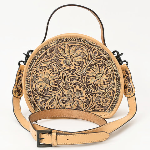 ADBGZ809 Round Hand-Tooled Leather Canteen Bag - Western Floral Circle Purse in Natural Tan