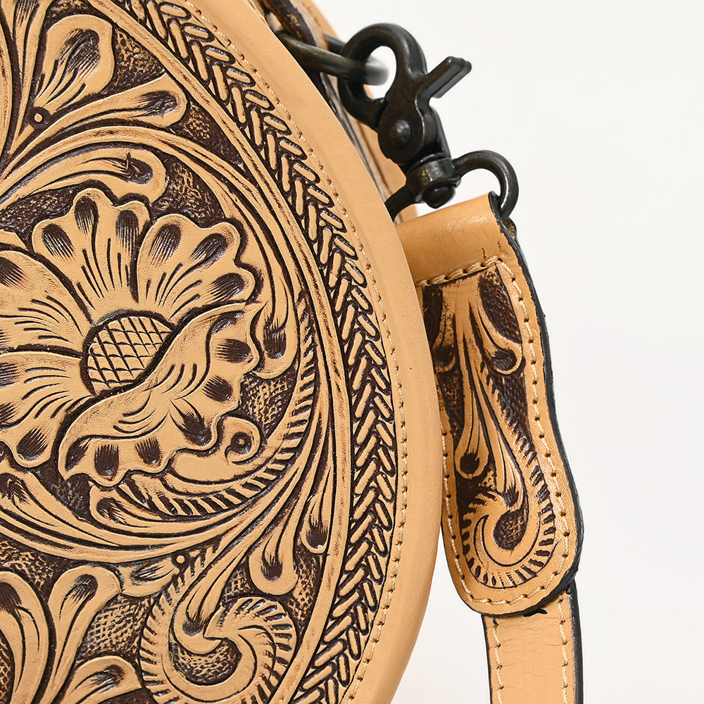 ADBGZ809 Round Hand-Tooled Leather Canteen Bag - Western Floral Circle Purse in Natural Tan
